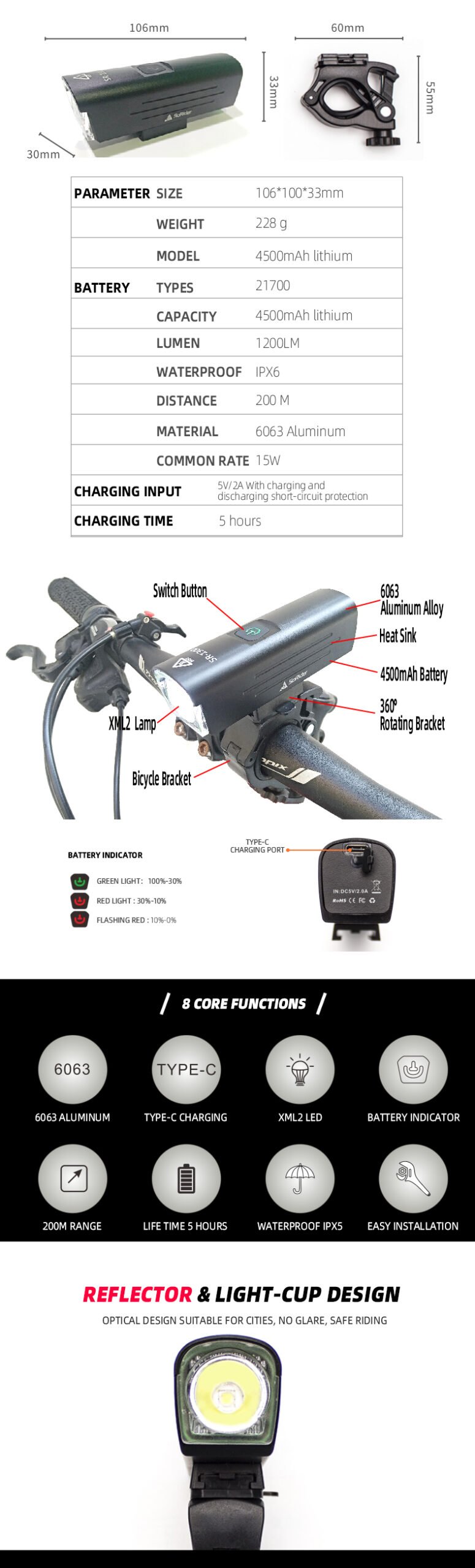 Luz delantera SoRider 1300 lumens – Muy potente! – AXNSPORT