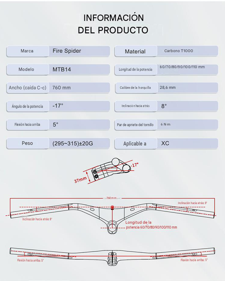 Manillar de Carbono Cableado Interno MTB Toseek MTB14