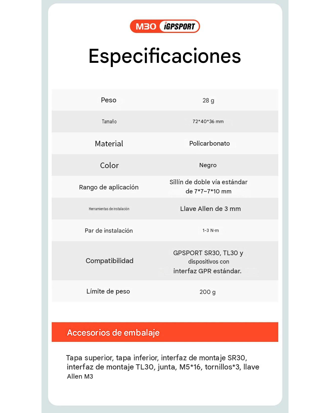 Soporte Asiento iGPSPORT M30 para GoPro SR30 TL30 y compatibles