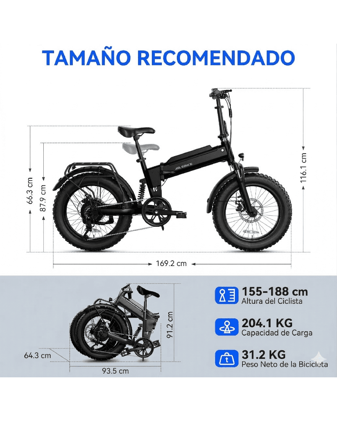 Bicicleta Eléctrica F00C Plegable Fat Tire 20″x 4″ – Motor 500W, Batería 36V 11Ah Doble Suspensión Yeestep