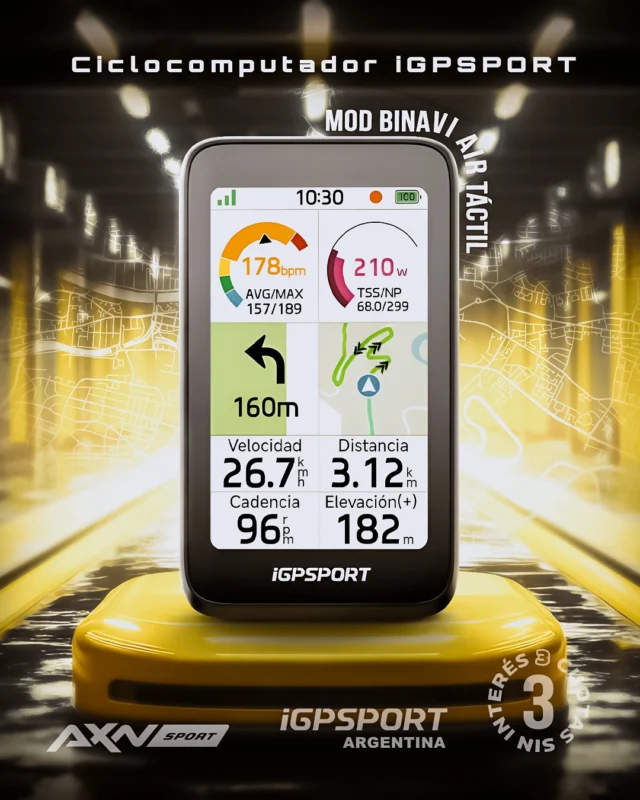 El nuevo iGPSPORT BiNavi Air llegó en
exclusiva a AXNSPORT.COM: navegación potente con
peso pluma. 🏎️

Pensado para entrenar y explorar con datos claros y
ubicación precisa, en ruta, gravel o MTB.

✅ 📱 Pantalla color 3.0” transflectiva 240×400, táctil
y con guante
✅ 🪶 77 g y 13,8 mm: perfil aerodinámico
✅ 🔋 Hasta 30 h y carga rápida USB Tipo-C
✅ 🛰️ Multi-GNSS multibanda L1/L5 con AGPS
✅ 🧗 iClimb 3.0: ascensos instantáneos y precisos
✅ 🔔 Avisos de giro con audio, flash y voz (con app)
✅ 🔗 32GB, IPX7, BLE 5.1 y ANT+; control de música
y cámara

Envío gratis!. 3 cuotas sin interés con Visa y
Mastercard.
¿Lo querés tener antes que nadie? Visita
AXNSPORT.COM ahora!

#AXNSPORT #Ciclismo #IGPSPORT #Ciclocomputador
#GPSCiclismo #Ruta #MTB #Gravel #BikeComputer