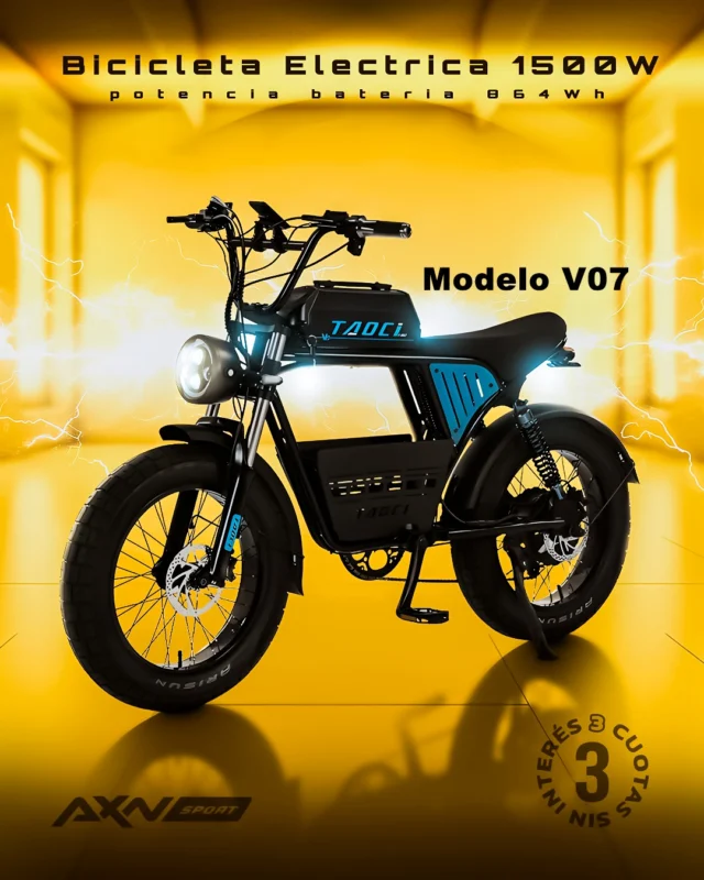 🚀Novedad AXNSPORT 🚀

La Bicicleta Eléctrica V07 Taoci 1500W 864Wh lista para llevar tu pedaleo a otro nivel.

Ideal para quienes buscan potencia, autonomía y control en cada salida sin necesidad de carnet de conducir, pagar patente o seguro 😎

⚡ Motor 48V 1500W
🔋 Batería 48V 18Ah / 864Wh
🛞 Cubiertas 20x4.0 anti-reventón
🛑 Frenos hidráulicos delanteros y traseros
🌀 Doble suspensión
📟 Display LCD inteligente

No necesita licencia de conducir ni seguro!! 

🚚 Envíos gratis en compras superiores a $49.999
💳 3 cuotas sin interés

Descubrila hoy en la web de AXNSPORT.

#AXNSPORT #Ciclismo #Taoci #BicicletaElectrica #EBike #MTB #Ruta