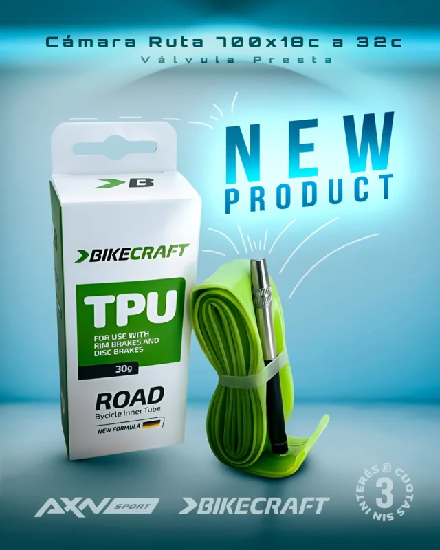 🔥🔥 Nuevo lanzamiento: la cámara TPU BikeCraft FV-85 llega para alivianar cada salida.

Para ruta, pista, triatlón y fixed. Compacta, resistente e ideal como repuesto bajo asiento.

⚡ 30 g: peso mínimo.
🚴 700x18-32c, ETRTO 622.
🔧 Válvula Presta plástica.
🛡️ TPU resistente a impactos.
♻️ 100% reciclable.
🩹 Incluye 2 parches TPU.

Envíos gratis en compras superiores a $69.900. 3 cuotas sin interés, 10% off por transferencia y despacho en 24 h.

Comprá ahora en axnsport.com antes de que se agote.

#AXNSPORT #Ciclismo #BikeCraft #CamaraTPU #Ruta #Triatlon #BikeTools