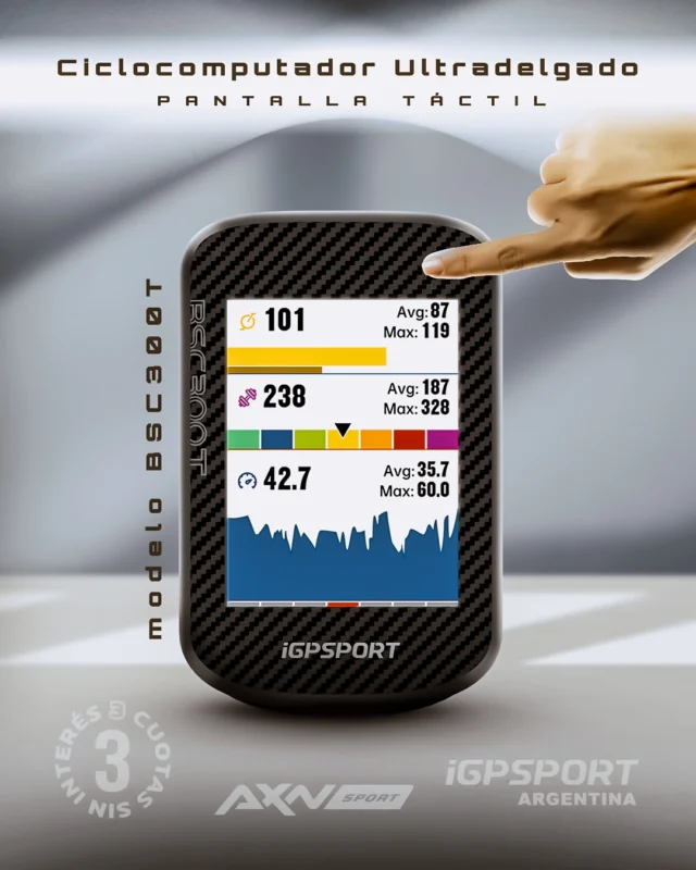 🔥 Navegación y Tecnología táctil al Servicio de Tu Ruta 🚴‍♂️
¿Ya conocés el nuevo iGPSPORT BSC300T táctil? Es la herramienta definitiva para llevar tu ciclismo al próximo nivel.

🛰️ Navegación Inteligente:
✔ Cobertura GPS global con 5 satélites (GPS, GLONASS, GALILEO, BEIDOU y QZSS).
✔ Mapas offline: Descargá tus rutas favoritas y recibí avisos de giro.
✔ Redirección automática si te desviás del camino.

📊 Análisis Avanzado:
✔ Más de 130 métricas de rendimiento: velocidad, cadencia, calorías, distancia, altitud, temperatura y más.
✔ Conectividad total con sensores de velocidad, frecuencia cardíaca, cadencia y medidores de potencia.

🔋 Batería Poderosa: Hasta 45 horas de duración con carga rápida Type-C. ¡Olvidate de quedarte sin energía!

Llevate el tuyo ahora con 3 cuotas sin interés con tarjetas Visa y Mastercard. 💳
👉 Descuento extra con pago por transferencia bancaria o en 1 pago con tarjeta de débito/crédito.

🚚 Envío GRATIS a todo el país.

¡Transformá tu experiencia en la bici hoy!

#iGPSPORTBSC300T #ciclocomputadora #TecnologíaDeVanguardia #AXNSPORT #CiclismoArgentino #NavegaciónPrecisa #igpsportargentina #axnsportok #igpsport