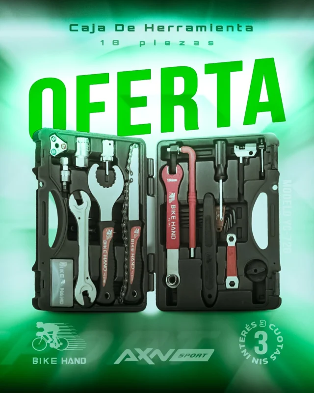 🔥 OFERTA: Caja de Herramientas Bike Hand YC-728

Transformá tu espacio de mecánica con esta solución integral: el kit YC-728 de la reconocida marca Bike Hand incluye 18 piezas fundamentales para el mantenimiento completo de bicicletas de ruta, MTB o urbano.

Con llaves Allen, extractores de eje y piñón, llaves de pedales, palancas de cubierta, destornilladores, caja de parches y más, todo almacenado en un maletín rígido listo para usar.

Ideal para quienes quieren ahorrar tiempo, evitar acarrear herramientas sueltas y garantizar una mecánica precisa desde su casa o taller.

Ventajas principales:
- Cobertura completa para trabajos frecuentes en bicicleta.
- Herramientas diseñadas para estándares Shimano/Genéricas, calidad Bike Hand.
- Organización conveniente, ideal tanto para ciclistas aficionados que quieren hacerlo todo como para talleres.
- Una compra que reduce la necesidad de duplicar herramientas caras por separado.

Promos para aprovechar al máximo:
Envío gratis en compras desde $69.000
3 cuotas sin interés con Visa/Mastercard
Hasta 12 cuotas fijas
10 % de descuento por transferencia o débito
Despacho en 24 h a todo el país
Garantía de expertos respaldando tu compra

Si querés tener todo lo que necesitás para la mecánica de tu bici en un solo maletín, este es tu kit completo. Agregalo al carrito hoy en AXNSport y dale a tu bici la atención que merece.

#BikeHandYC728 #KitHerramientasBici #MecánicaBicicleta #CiclismoArgentina #HerramientasTaller #BikeMaintenance #Ruta #MTB #UpgradeBici