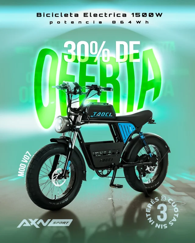 🔥 30% OFF por TIEMPO LIMITADO! 🔥

La Bicicleta Eléctrica V07 Taoci 1500W 864Wh lista para llevar tu pedaleo a otro nivel.

Ideal para quienes buscan potencia, autonomía y control en cada salida sin necesidad de carnet de conducir, pagar patente o seguro 😎

⚡ Motor 48V 1500W
🔋 Batería 48V 18Ah / 864Wh
🛞 Cubiertas 20x4.0 anti-reventón
🛑 Frenos hidráulicos delanteros y traseros
🌀 Doble suspensión
📟 Display LCD inteligente

No necesita licencia de conducir ni seguro!!

🚚 Envíos gratis en compras superiores a $69.000
💳 3 cuotas sin interés

Descubrila hoy con un descuento único en la web de AXNSPORT.COM

#AXNSPORT #Ciclismo #Taoci #BicicletaElectrica #EBike #MTB #Ruta