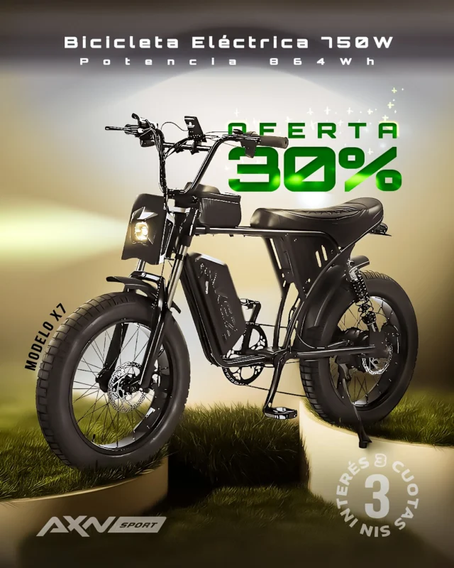 🔥 OFERTA: Bicicleta Eléctrica X7 Taoci 750W, no necesita seguro o licencia de conducir! 30% OFF 🔥

🔋 Batería extraíble 48V 18Ah 864Wh
⚡ Motor de buje 48V 750W
📟 Display LCD M5 con velocidad y modos
🛞 Fat tires 20x4.0 y doble suspensión
🛑 Frenos a disco hidráulicos duales
🔄 Shimano 7 velocidades

Envíos gratis en compras superiores a $69.000 y 3 cuotas sin interés.

Tu nuevo modo de transporte te espera! llevatelo ahora.

#AXNSPORT #Ciclismo #Taoci #BicicletaElectrica #eBike #FatBike #MTB #Gravel