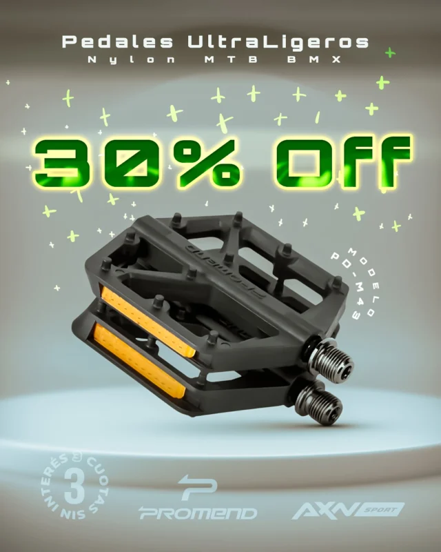 OFERTA 🔥
Pedales Promend PD-M43 ultraligeros listos para bancar tus salidas.

Cuerpo de nailon y eje de cromo-molibdeno para MTB, BMX, gravel y paseo urbano.

🦶 20 clavos antideslizantes: grip seguro en barro o lluvia.
⚙️ Rodamientos DU+Perlin: pedaleo suave y durable.
🚲 Rosca 9/16'' compatible con la mayoría de las bicis.
✨ Laterales reflectivos y diseño sellado: más seguridad y vida útil.

En AXNSPORT envío gratis desde $69.900, 3 cuotas sin interés, descuento por transferencia/débito, despacho 24 h y garantía de expertos.

¿Listo para subir un nivel tus pedales? Encontralos en nuestra web.

#AXNSPORT #Ciclismo #Promend #Pedales #MTB #Ruta #Gravel