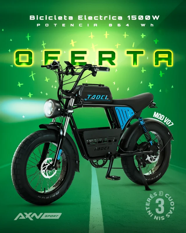 🔥 30% OFF por TIEMPO LIMITADO! 🔥

La Bicicleta Eléctrica V07 Taoci 1500W 864Wh lista para llevar tu pedaleo a otro nivel.

Ideal para quienes buscan potencia, autonomía y control en cada salida sin necesidad de carnet de conducir, pagar patente o seguro 😎

⚡ Motor 48V 1500W
🔋 Batería 48V 18Ah / 864Wh
🛞 Cubiertas 20x4.0 anti-reventón
🛑 Frenos hidráulicos delanteros y traseros
🌀 Doble suspensión
📟 Display LCD inteligente

No necesita licencia de conducir ni seguro!!

🚚 Envíos gratis en compras superiores a $69.900
💳 3 cuotas sin interés

Descubrila hoy con un descuento único en la web de AXNSPORT.COM

#AXNSPORT #Ciclismo #Taoci #BicicletaElectrica #EBike #MTB #Ruta