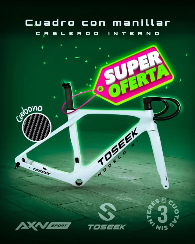🚀 OFERTA: Cuadro TOSEEK R1 Full Carbon con cableado 100% interno, listo para tu próxima build.

Rigidez y estética limpia para ruta o gravel, con frenos a disco y espacio para cubiertas grandes.

🧱 Fibra Toray T700/T800: cuadro + horquilla + tija
🧵 Integración total: cables ocultos + ejes pasantes
⚡ Compatible Di2 / E-TAP + pedalier roscado T47
🛞 Hasta 700x32C: más confort y control
✅ Certificación ISO 4210-6:2023
🚫 No incluye manillar

Envío gratis en compras superiores a $49.999 | 3 cuotas s/ interés | 10% OFF transf.

¿Lo querés, lo tenés en AXNSPORT?

#AXNSPORT #Ciclismo #TOSEEK #Cuadros #Ruta #Gravel #Carbono #BikeBuild #Disco
