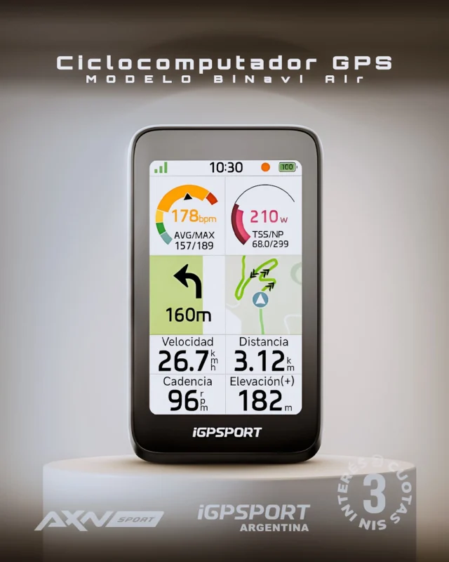 🔥 El nuevo iGPSPORT BiNavi Air llegó en exclusiva a AXNSPORT.COM: navegación potente con peso pluma. 🏎️

Pensado para entrenar y explorar con datos claros y ubicación precisa, en ruta, gravel o MTB.

✅ 📱 Pantalla color 3.0” transflectiva 240×400, táctil y con guante
✅ 🪶 77 g y 13,8 mm: perfil aerodinámico
✅ 🔋 Hasta 30 h y carga rápida USB Tipo-C
✅ 🛰️ Multi-GNSS multibanda L1/L5 con AGPS
✅ 🧗 iClimb 3.0: ascensos instantáneos y precisos
✅ 🔔 Avisos de giro con audio, flash y voz (con app)
✅ 🔗 32GB, IPX7, BLE 5.1 y ANT+; control de música y cámara

Envío gratis!. 3 cuotas sin interés con Visa y Mastercard.
¿Lo querés tener antes que nadie? Visita AXNSPORT.COM ahora!

#AXNSPORT #Ciclismo #IGPSPORT #Ciclocomputador
#GPSCiclismo #Ruta #MTB #Gravel #BikeComputer