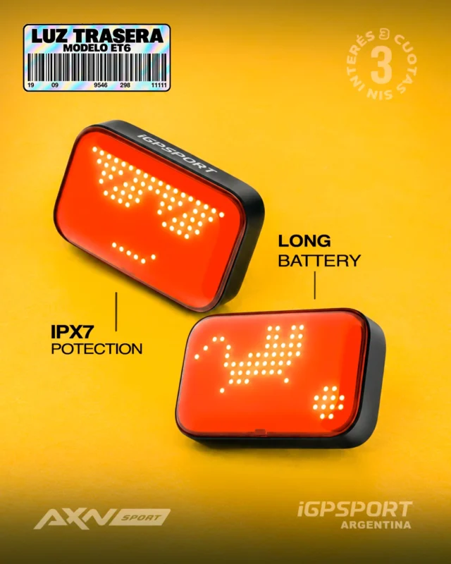 🔥 Expresate y sé diferente con la luz trasera que piensa por vos: iGPSPORT ET6 💡

Hecha para que pedalees con seguridad y estilo. Personalizá emojis, avisá tus giros y frenadas, y hacete ver de día o de noche con su brillo inteligente.

✨ Pantalla LED personalizable desde la app.
🚦 Luz de freno automática y sensores de movimiento.
🔄 Intermitentes automáticos sincronizados con tu GPS.
🔋 Batería USB-C de larga duración.
🌧️ Resistencia IPX7: impermeable ante cualquier clima.
📲 Función “Knock to Share”: compartí emojis con un toque.

Envío gratis + cuotas sin interés + despacho en 24 h.

¿Listo para iluminar cada salida?

#AXNSPORT #Ciclismo #iGPSPORT #LuzTrasera #BikeSafety #MTB #Ruta