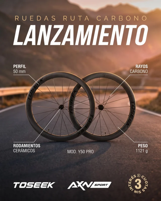 🚨 LANZAMIENTO | TOSEEK Y50 PRO PREMIUM

Bajá peso donde más se siente: en las ruedas.

Si tu bici de ruta o gravel tiene freno a disco y eje pasante, este par de carbono es el upgrade que más se nota en cada salida larga y en cada cambio de ritmo.

⚖️ 1.121 g el par (509 g la delantera, 612 g la trasera)
🛞 Aro de carbono con perfil de 50 mm y 28 mm de ancho externo
🪶 20 rayos de carbono T1000 de perfil plano por rueda
⚙️ Mazas Ratchet con rodamientos cerámicos
🕳️ Tubeless ready, para cubiertas de 25 a 32 mm
🔩 Disco Center Lock, con conversor a 6 tornillos incluido

Compatible con eje pasante 12x100 / 12x142 y cuerpo HG para casetes Shimano de 10, 11 y 12 velocidades.

💳 3 cuotas sin interés con Visa y Mastercard
💰 10% OFF por transferencia o débito
🚚 Envíos gratis en compras superiores a $69.900

👉 Hacé el upgrade ahora en axnsport.com

#AXNSPORT #Ciclismo #Toseek #RuedasDeCarbono #Ruta #Gravel